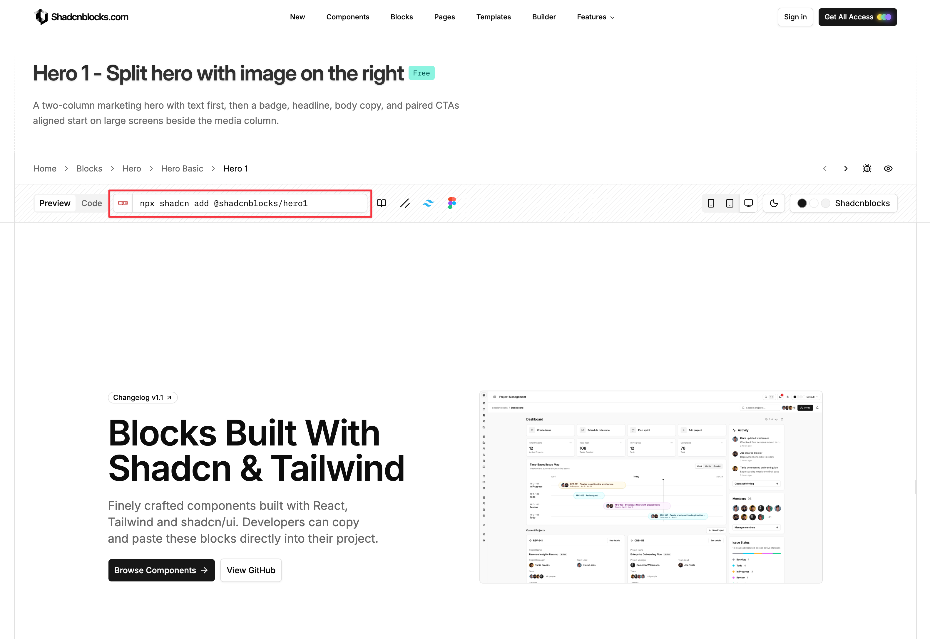 shadcn cli command in block toolbar