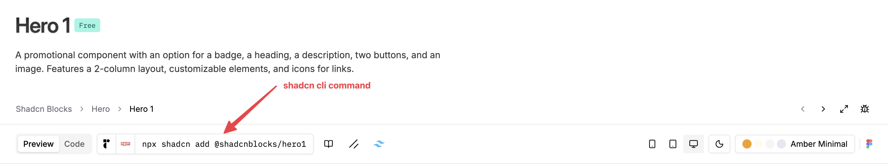 shadcn cli command in block toolbar