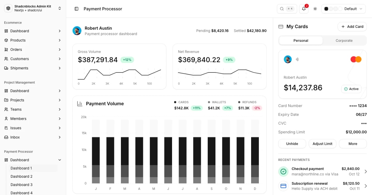 Shadcn Admin Kit v2.3.0 payment processor dashboard with volume charts, cards, and recent payments