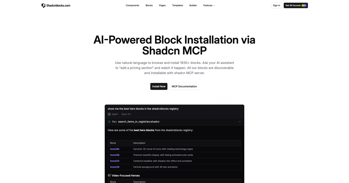 Shadcn MCP — browse and install shadcn/ui blocks from Cursor and Claude