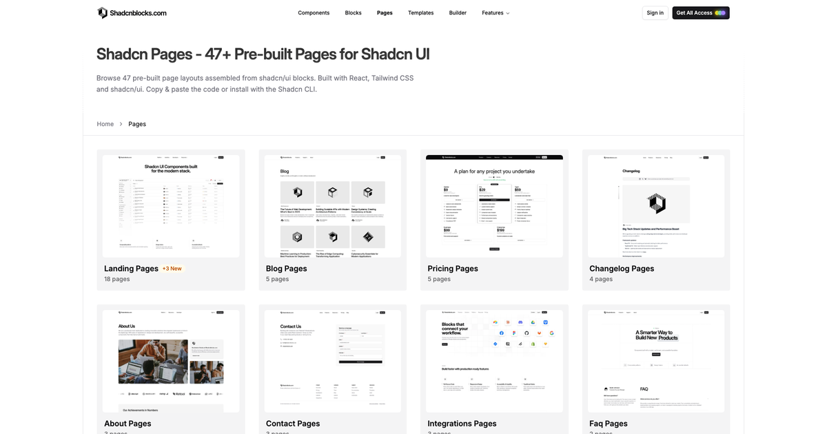 Shadcn pages catalog — pre-built landing, pricing, and about layouts