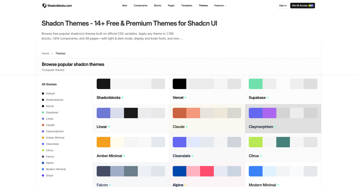 Shadcn Themes gallery on Shadcnblocks.com