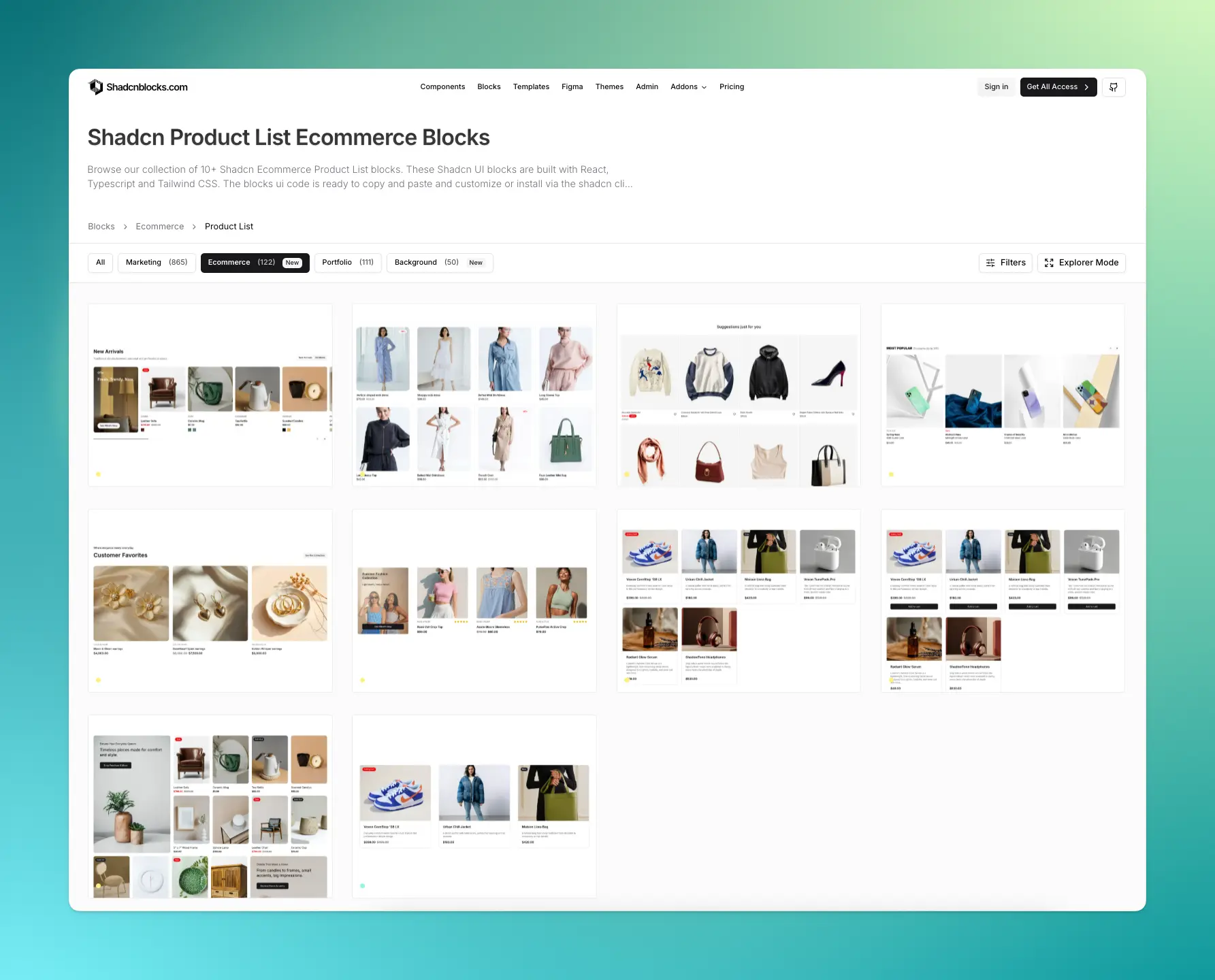 Ecommerce blocks collection featuring product listings built with shadcn/ui