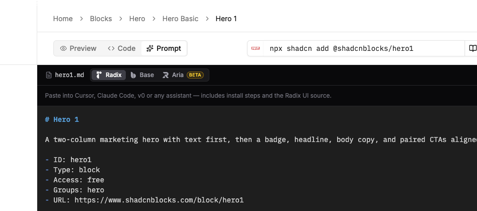 Copy Prompt tab on a shadcn/ui hero block — ready-to-paste markdown for Cursor or Claude
