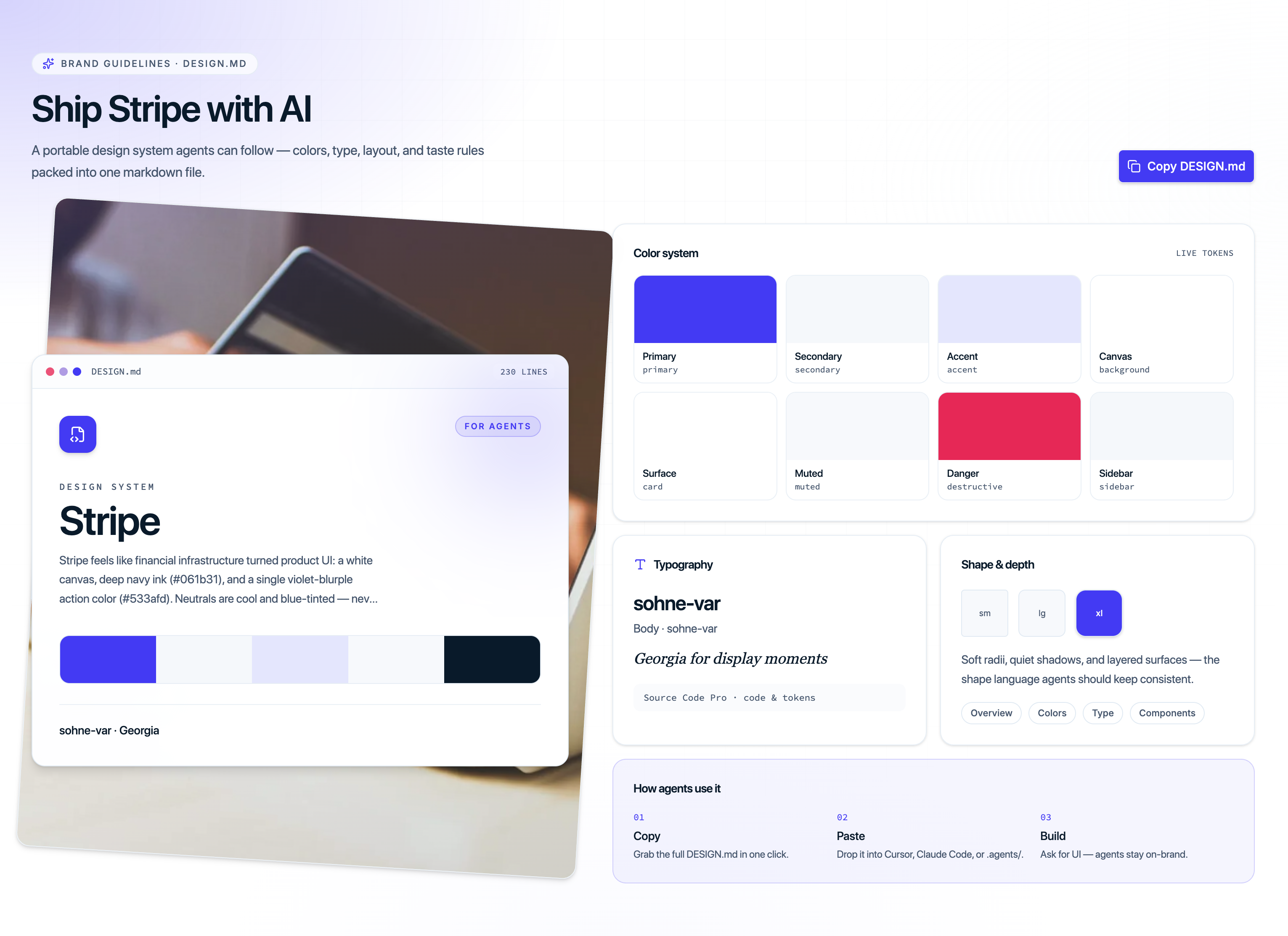 DESIGN.md theme guidelines for shadcn/ui — brand rules AI agents can follow